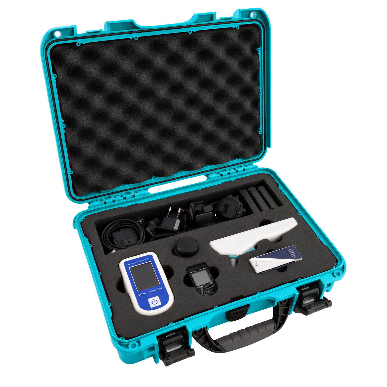 Le Euro Kit ouvert dans sa mallette de protection turquoise : Gluco-mini, Oxi et Ear-T logés dans la mousse, avec chargeurs, adaptateurs et piles dans leur compartiment